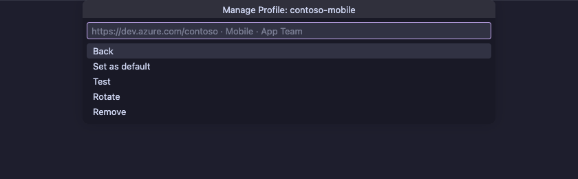 VS Code's Manage Profile Quick Pick for an Azure DevOps profile, showing its organization, project, and team with the Back, Set as default, Test, Rotate, and Remove actions.