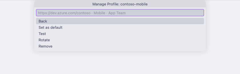VS Code's Manage Profile Quick Pick for an Azure DevOps profile, showing its organization, project, and team with the Back, Set as default, Test, Rotate, and Remove actions.