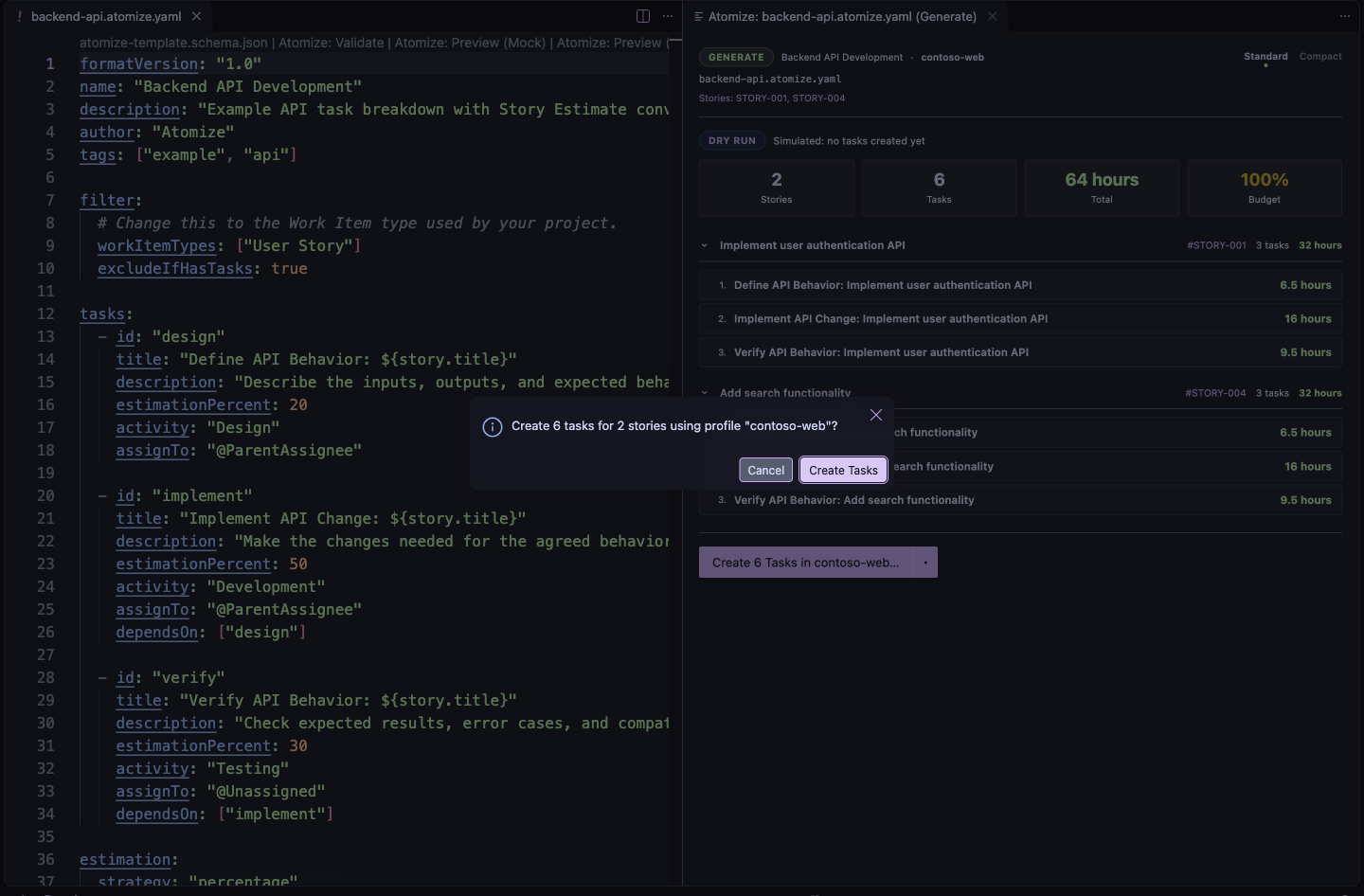 VS Code's confirmation dialog over the Generate Panel asking to create 6 tasks for 2 stories using the selected profile, with Cancel and Create Tasks buttons.
