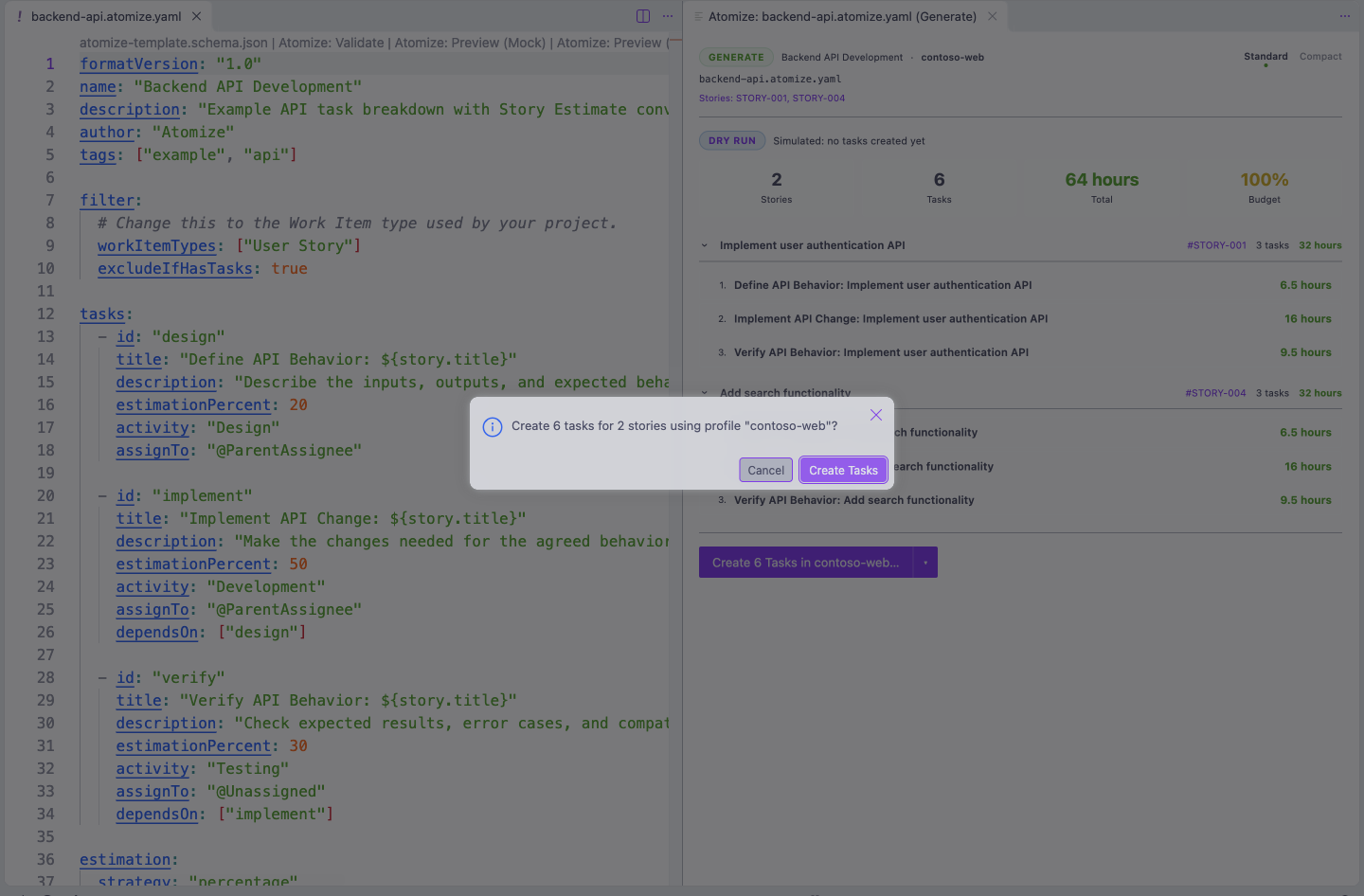 VS Code's confirmation dialog over the Generate Panel asking to create 6 tasks for 2 stories using the selected profile, with Cancel and Create Tasks buttons.