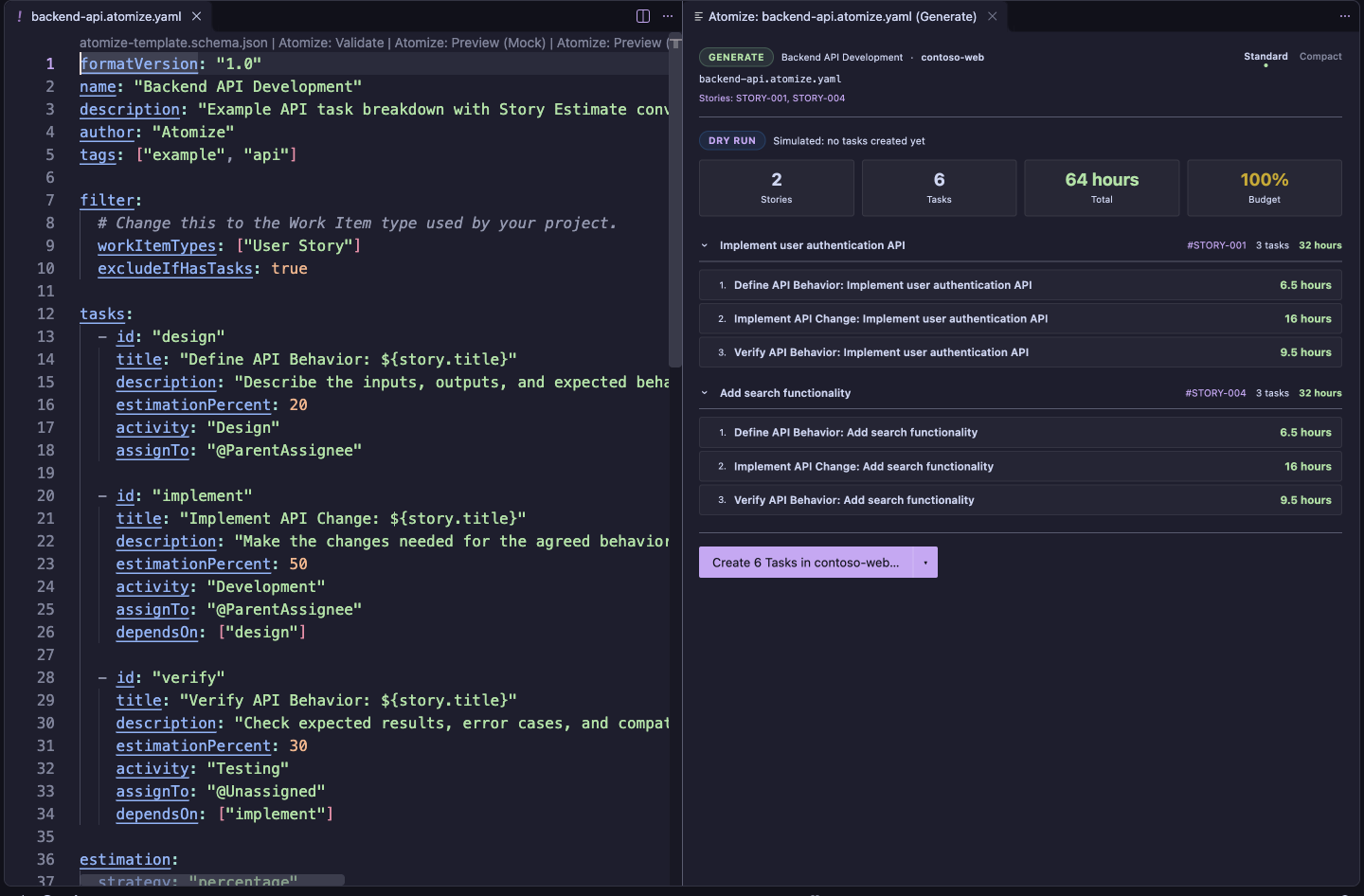 VS Code's Generate Panel beside a Template, showing a DRY RUN report for two Stories with 6 Tasks, 64 hours, and a 100% budget, each Task with its estimate, and the Create 6 Tasks button.