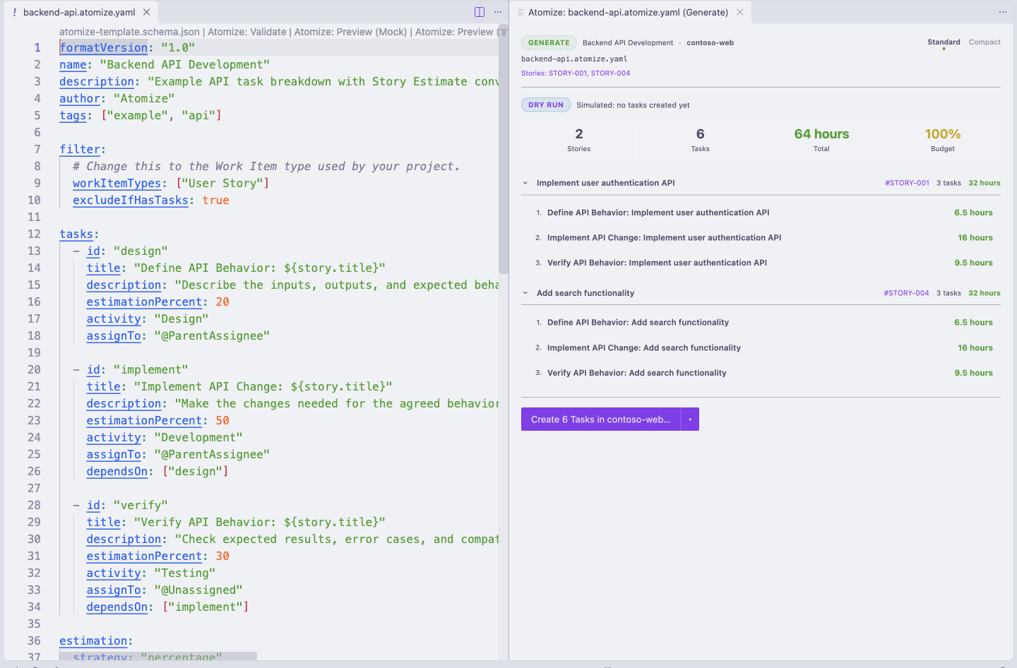 VS Code's Generate Panel beside a Template, showing a DRY RUN report for two Stories with 6 Tasks, 64 hours, and a 100% budget, each Task with its estimate, and the Create 6 Tasks button.
