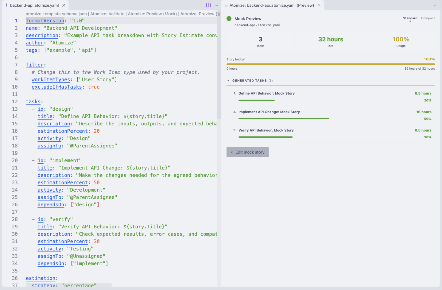 VS Code with Backend API Development open on the left and the Mock Preview Panel on the right showing three Tasks and a 32-hour total from offline Mock Story values.